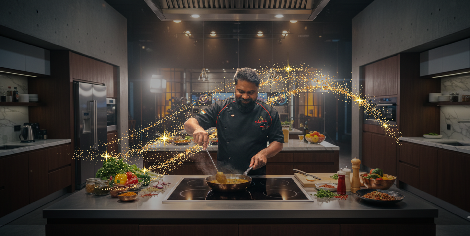 A chef cooking at a kitchen stove surrounded by fresh vegetables and cooking ingredients, with a festive sparkle overlay.