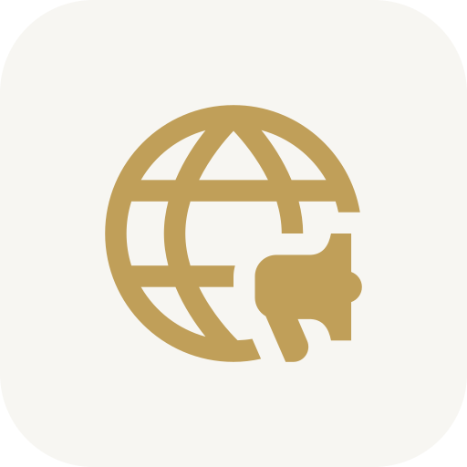 Icon of a globe with a thumbs-down symbol overlay in gold.