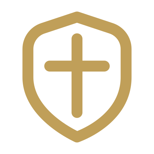 A gold shield with a cross in the center on a black background.