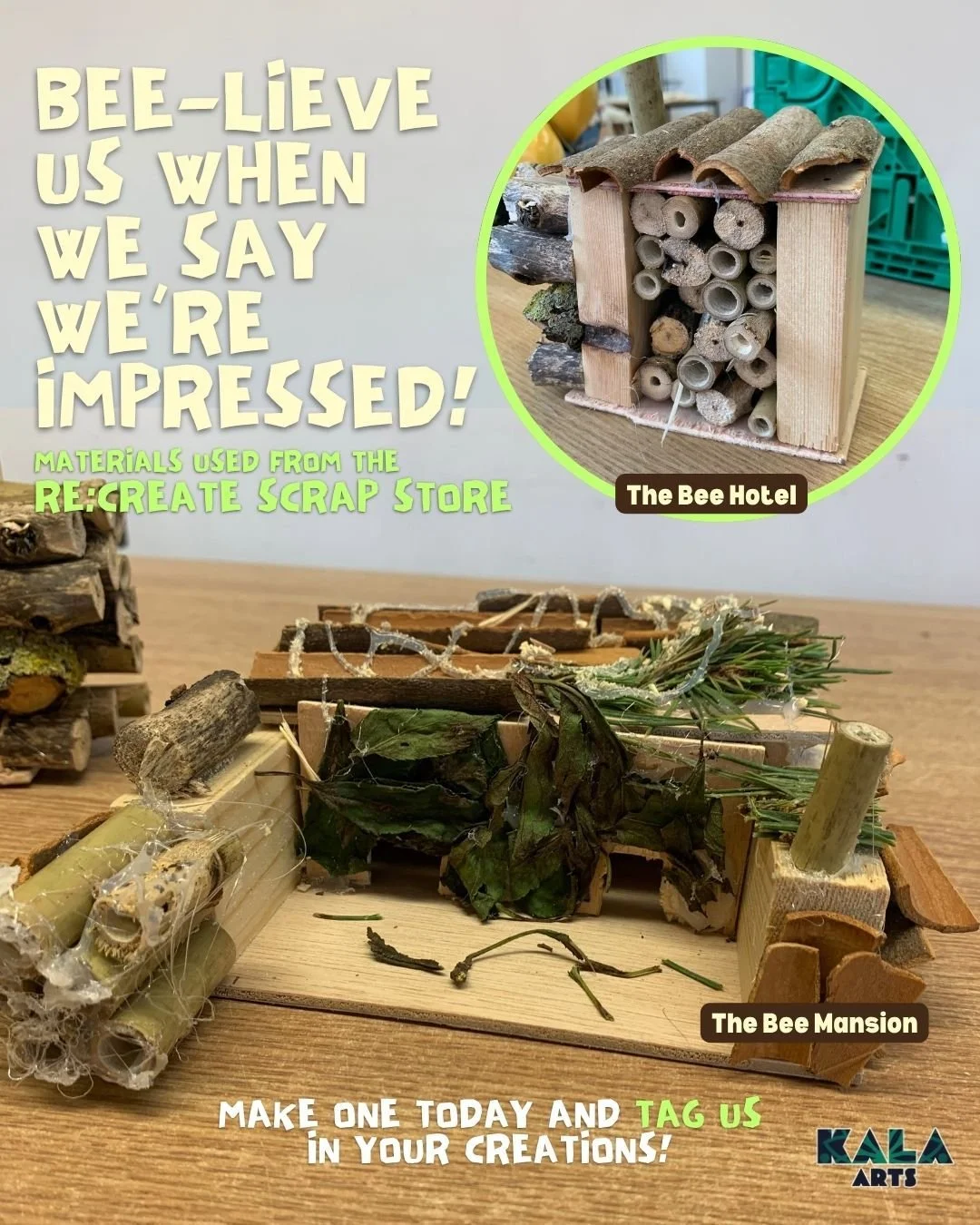 Bee-lieve us, we love crafting together 🐝
At the RE:CREATE SCRAP STORE, creativity starts with reclaimed materials and shared ideas. For this project, we worked with bamboo cut-offs, wooden wrappings, natural leaves, and glue guns (and who doesn't l