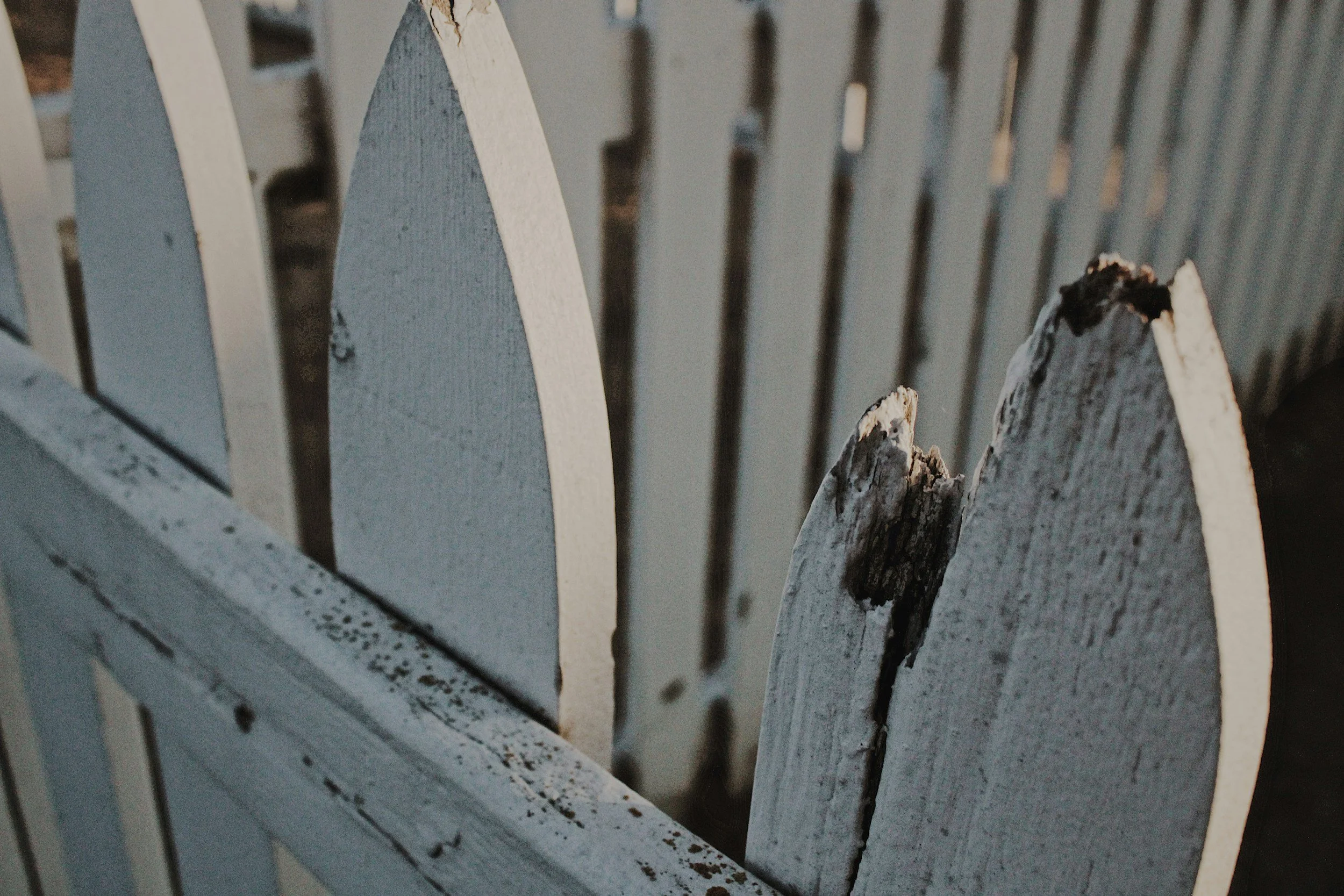 Close-up of a white wooden picket fence with chipped and weathered paint.