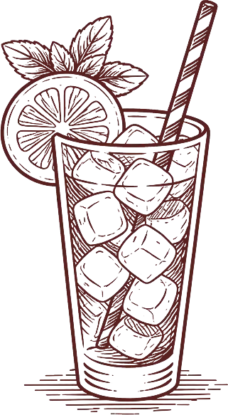 Dessin d'un verre de boisson avec des glaçons, une tranche de citron, une feuille de menthe, et une paille.