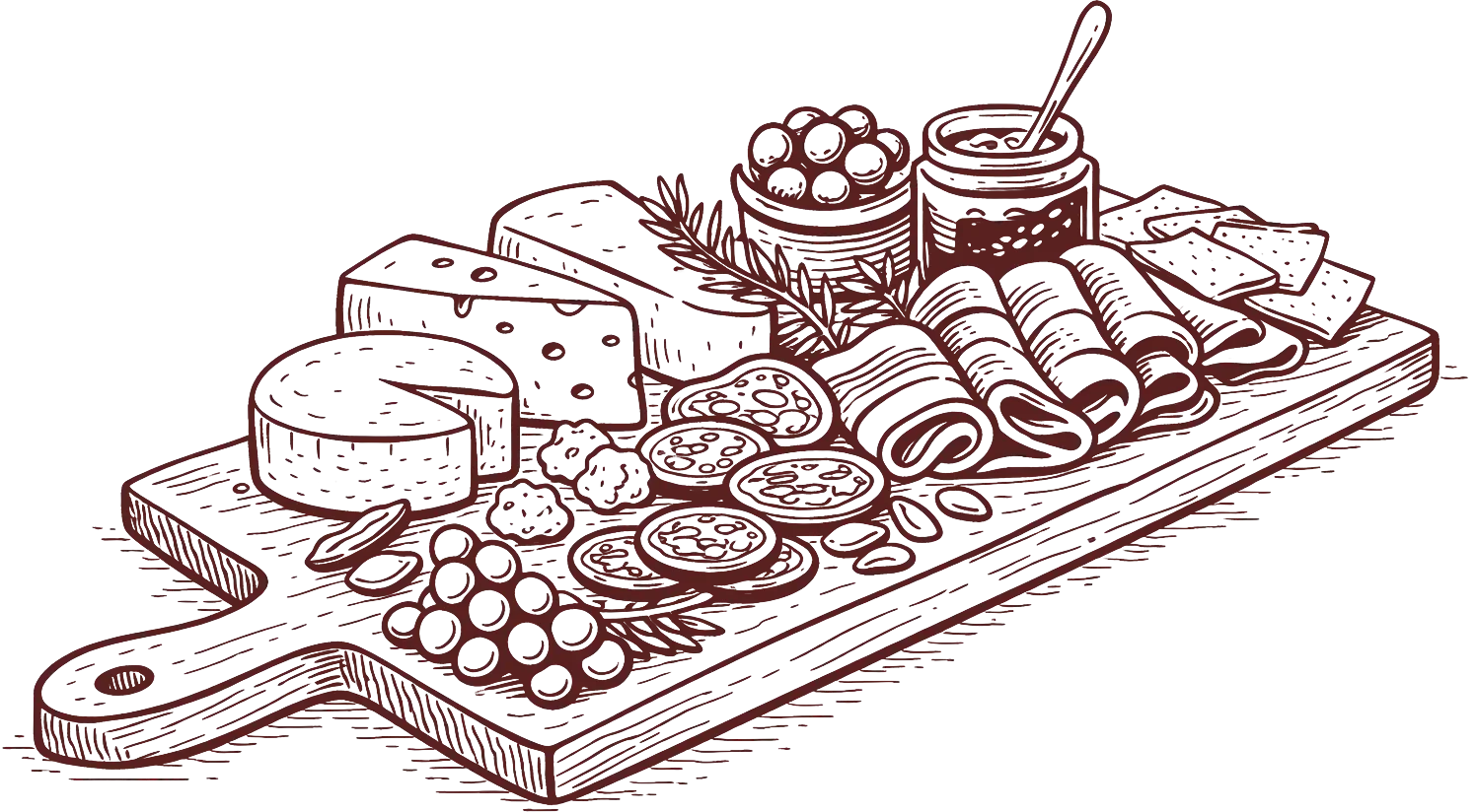 Dessin d'une planche mixe Méli Malo. Charcuterie et formage affinée.