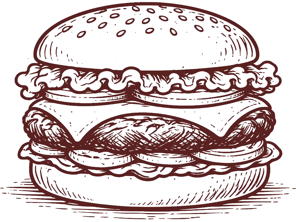 Dessin du burger Méli Malo avec une galette de viande, du fromage, de la laitue et des tomates, dans un petit pain.