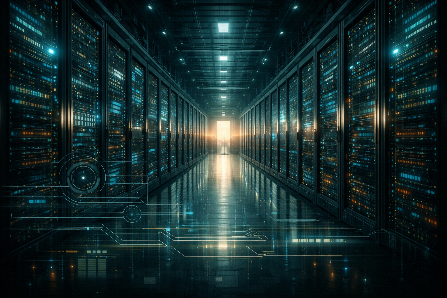A futuristic data center corridor with a futuristic cyber overlay.