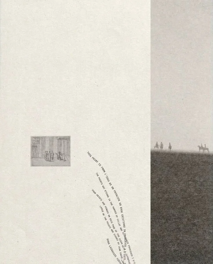 A vintage postcard featuring a large plain area, a small inset illustration of three people standing and sitting outside a building, and a distant scene of a few horses and people riding on a foggy landscape.