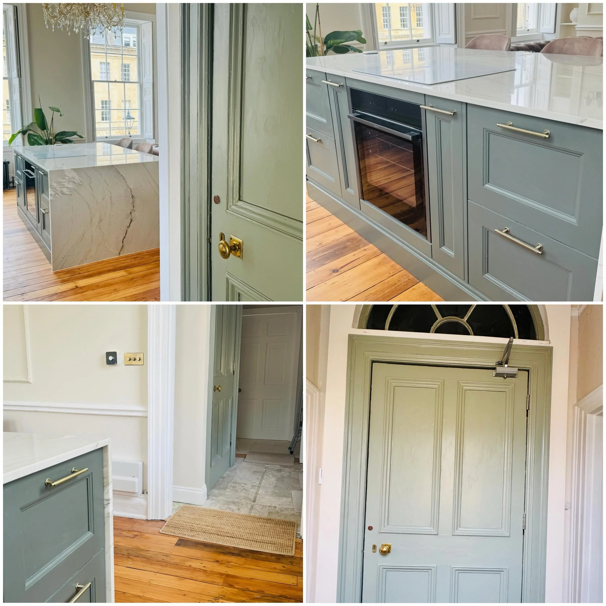 Before and after photos 🤩

This is the new (internal) front door, now @farrowandball pigeon to coordinate with the ash green kitchen island. 

Swipe right to see the before version and how the view from the hallway was previously just a bunch of stu