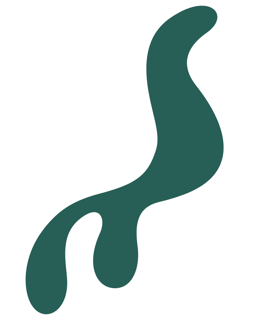 A dark green, stylized, abstract shape resembling a flowing, elongated form on a black background.