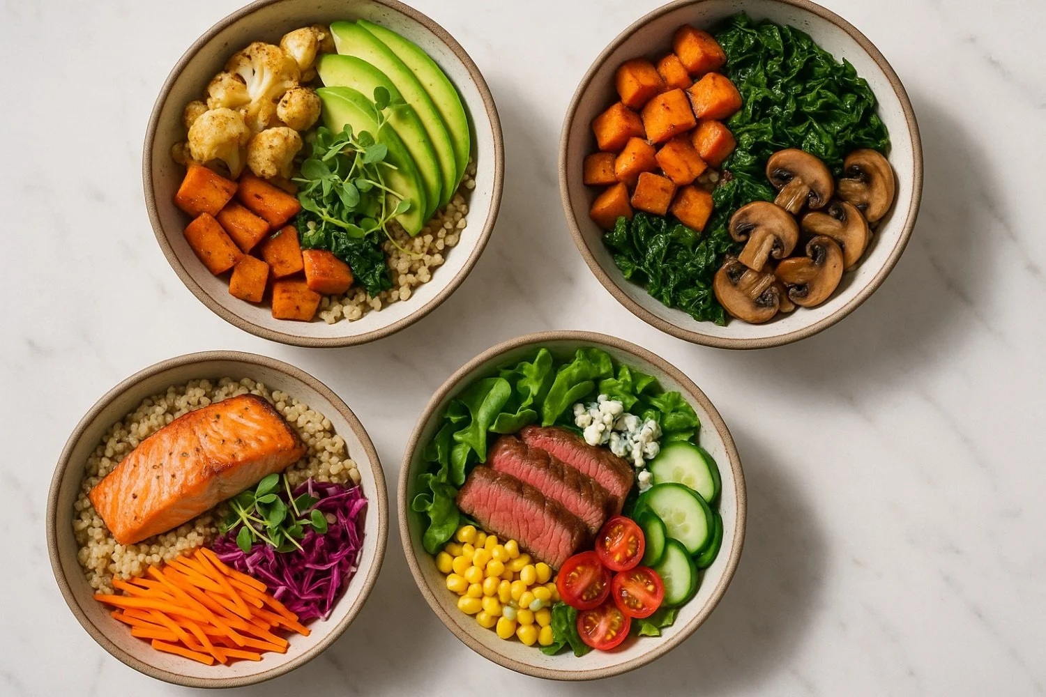Four bowls containing different healthy foods: one with roasted salmon, shredded carrots, purple cabbage, and cucumber; one with grilled tofu, sautéed spinach, roasted sweet potatoes, and mushroom; one with cauliflower florets, avocado slices, barley, and microgreens; and one with sliced steak, cherry tomatoes, cucumber, corn, and lettuce.