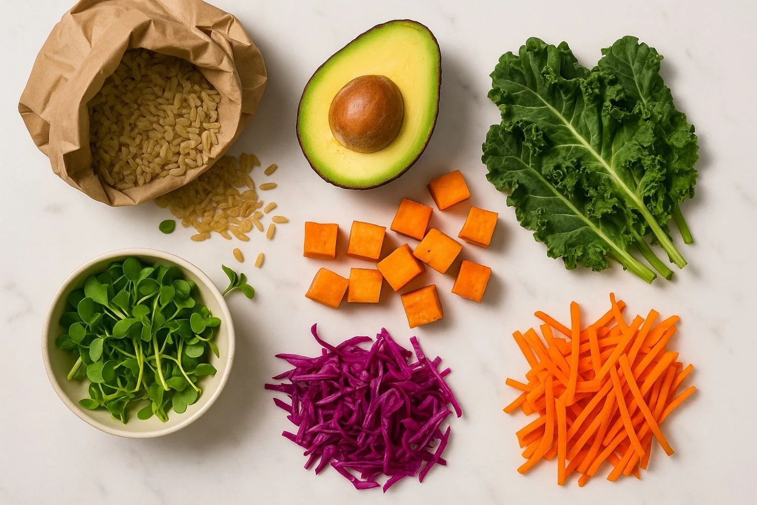 An avocado half with pit, chopped sweet potatoes, shredded purple cabbage, shredded carrots, kale leaves, rice in paper bag, and microgreens on white surface.
