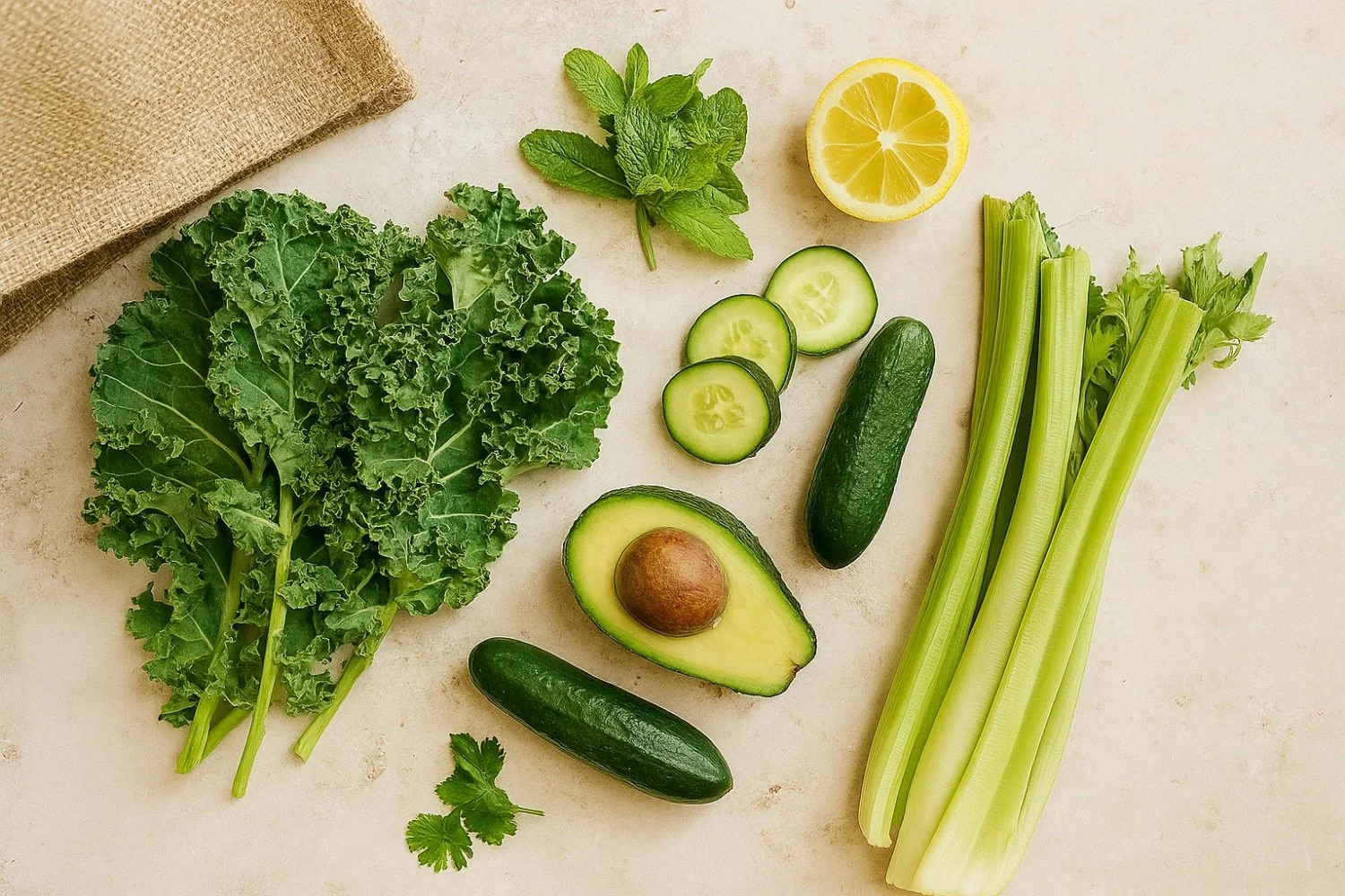 Fresh kale, cucumber, avocado, celery, lemon, mint, and cilantro on a light-colored surface.