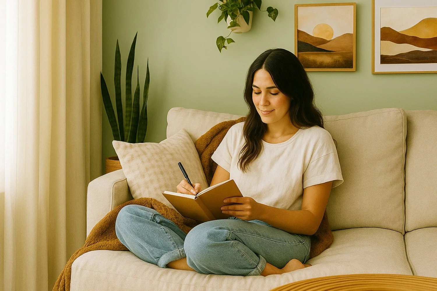 A woman sitting cross-legged on a cream-colored couch, writing in a notebook with a pen. She has long dark hair and is wearing a casual white t-shirt and light blue jeans. The background features a light green wall with two framed landscape paintings and a potted plant hanging above her. There is a large window with yellow curtains to her left.