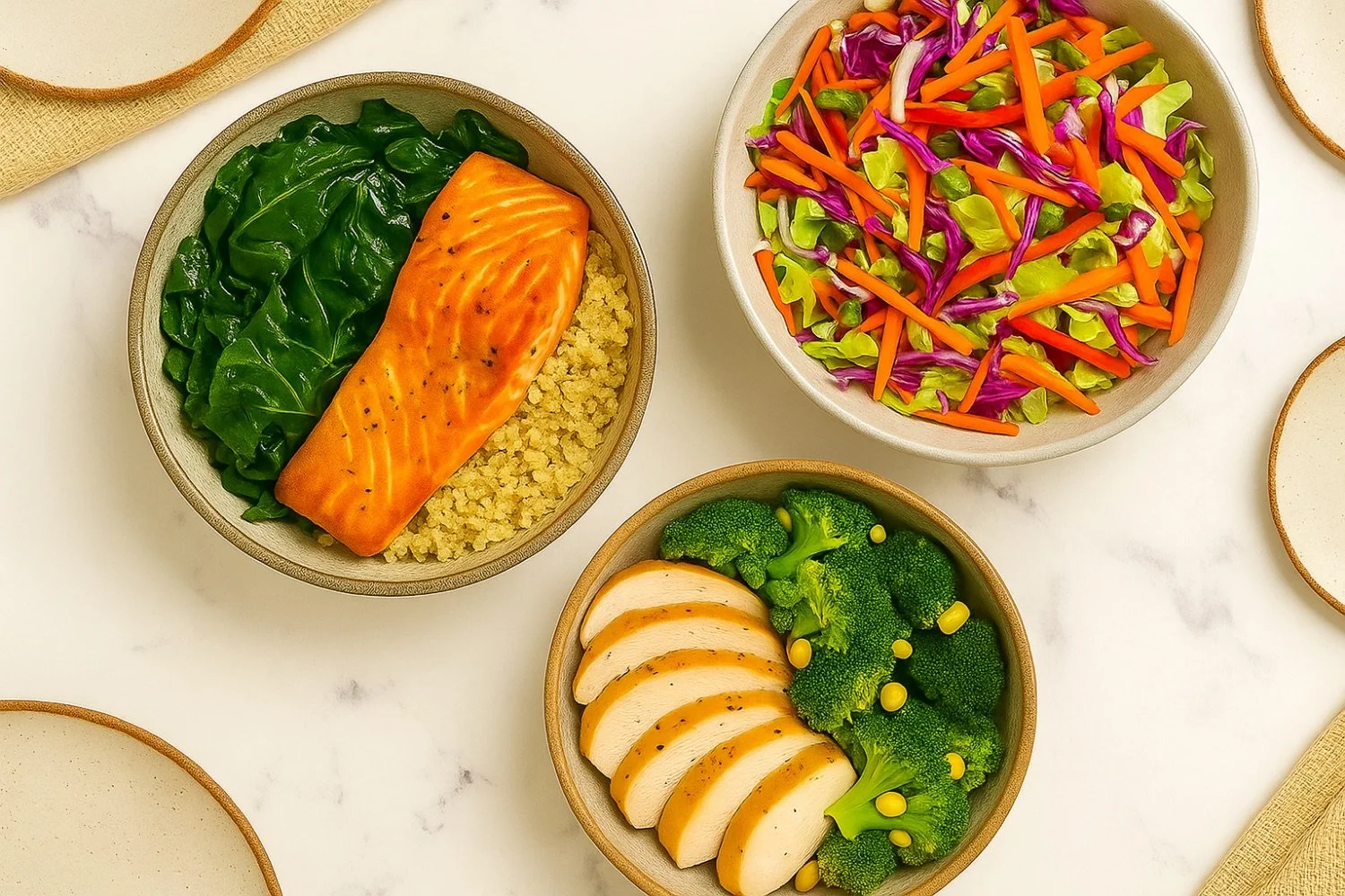 Bowls containing cooked salmon with greens and grains, sliced chicken with broccoli, and a mixed vegetable salad with cabbage, carrots, and lettuce.