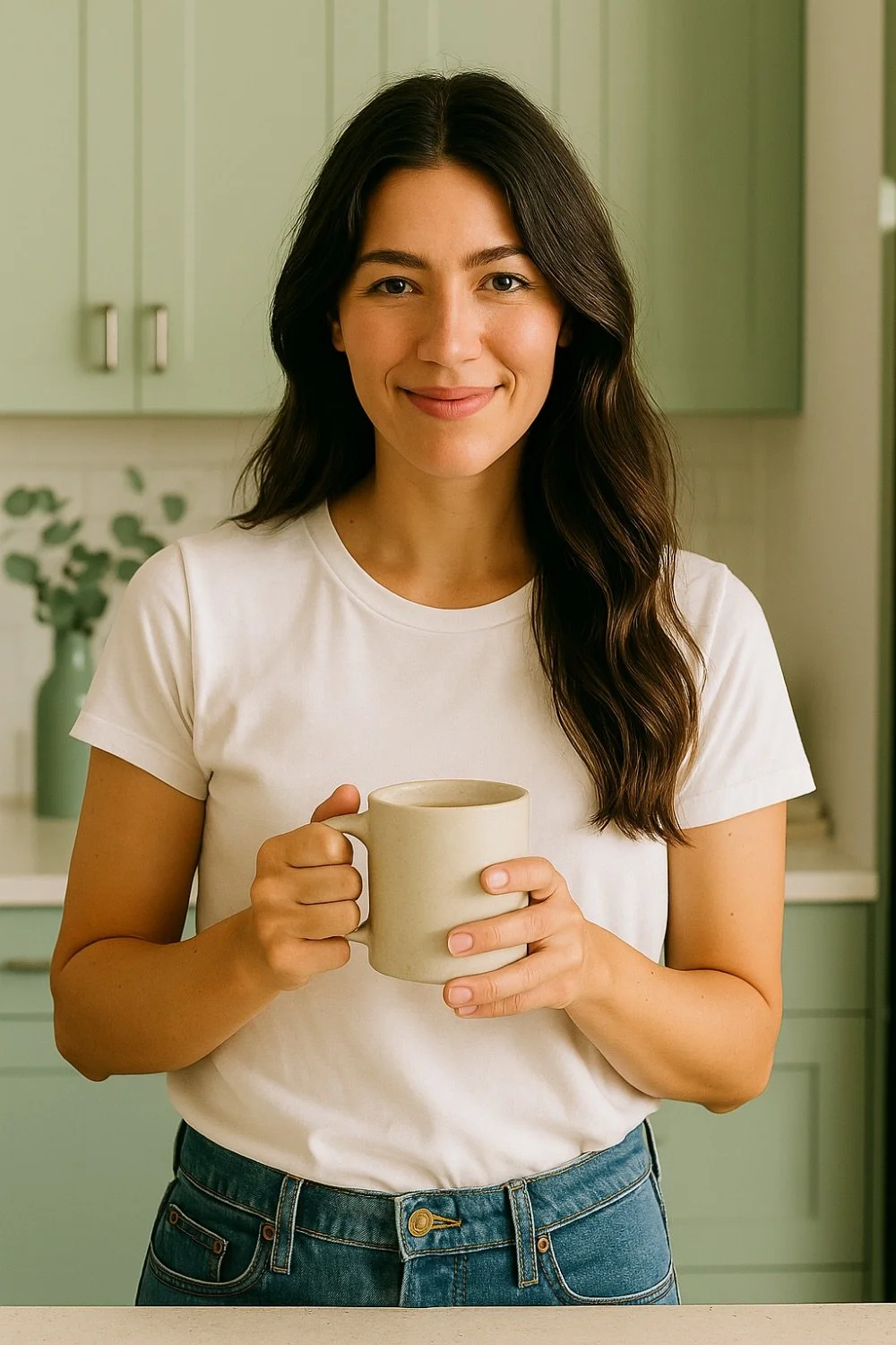A woman with long dark hair smiling, holding a beige coffee mug in a kitchen with light green cabinets.