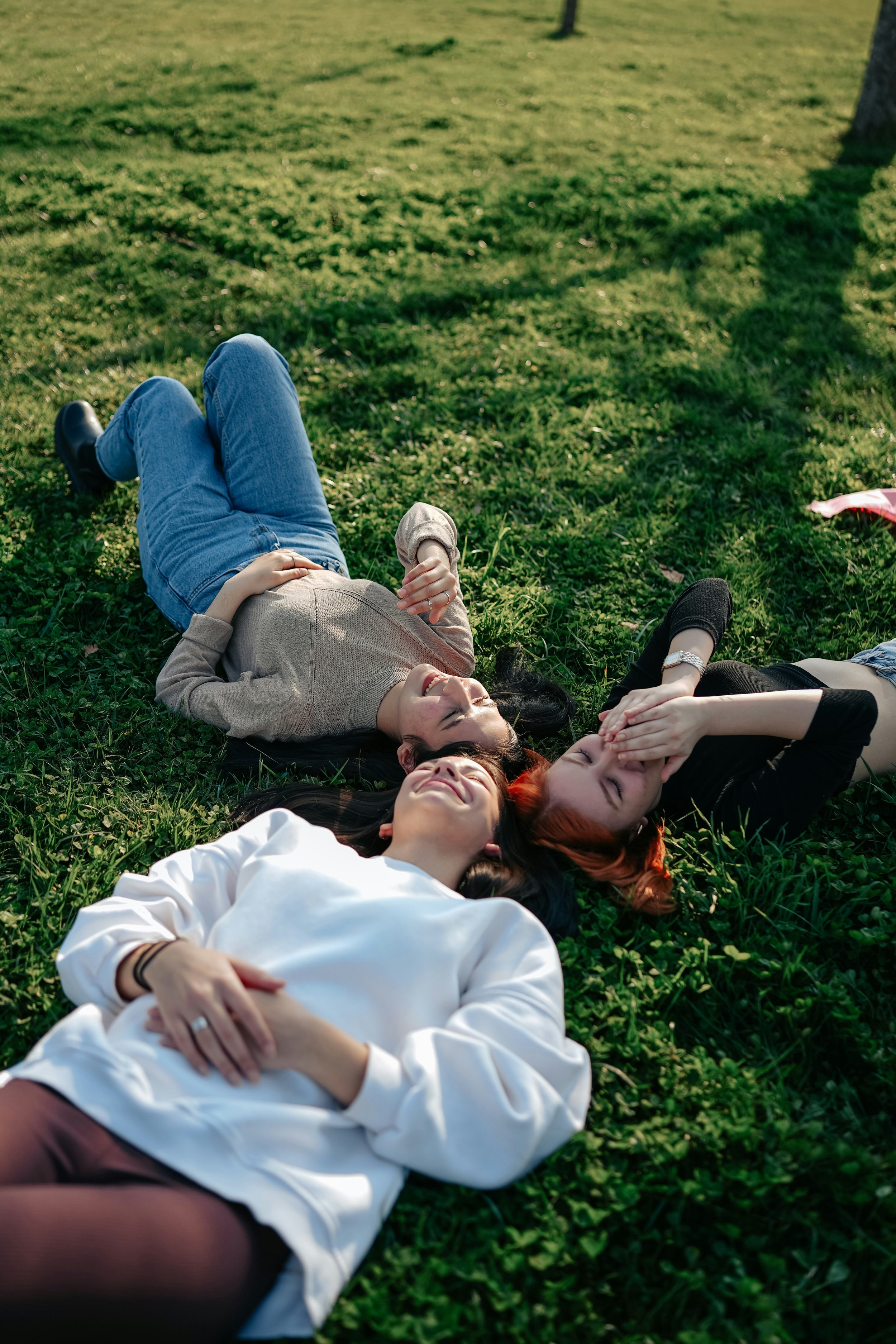 Four people lying on grass in a park, smiling and relaxing in the sunlight.