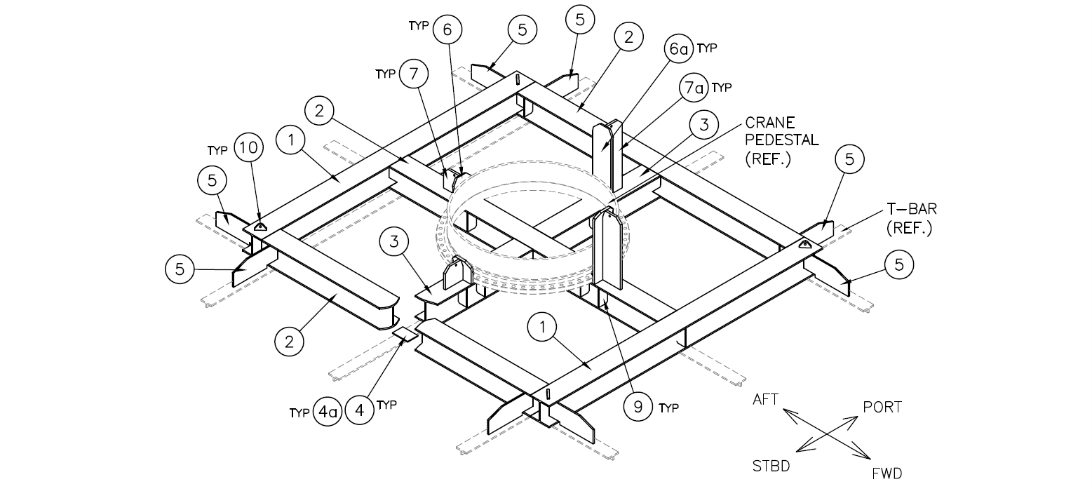 Technical diagram of a structural steel frame assembly with labelled components, including crane pedestal, T-bar, and various parts numbered 1 through 10. Professional engineering drawing.