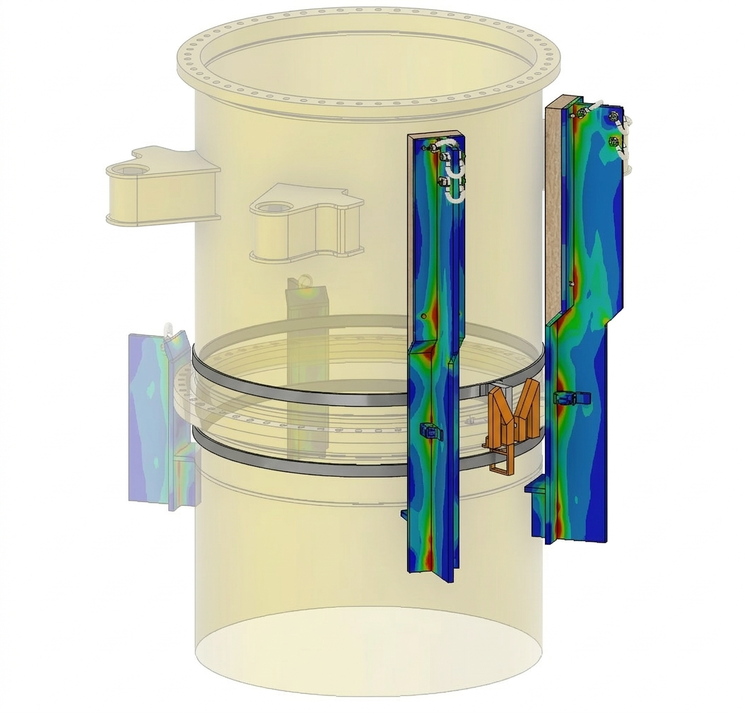 FEA analysis of guide aids for the installation of tubing flanges. Displaying force and pressure simulations of structural components.
