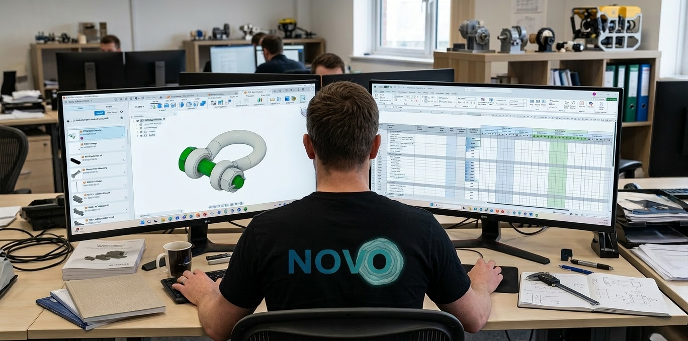 A man working at a desk in an office with dual computer monitors. One monitor displays a 3D model through CAD software, and the other shows a spreadsheet on excel for project management and organisation.