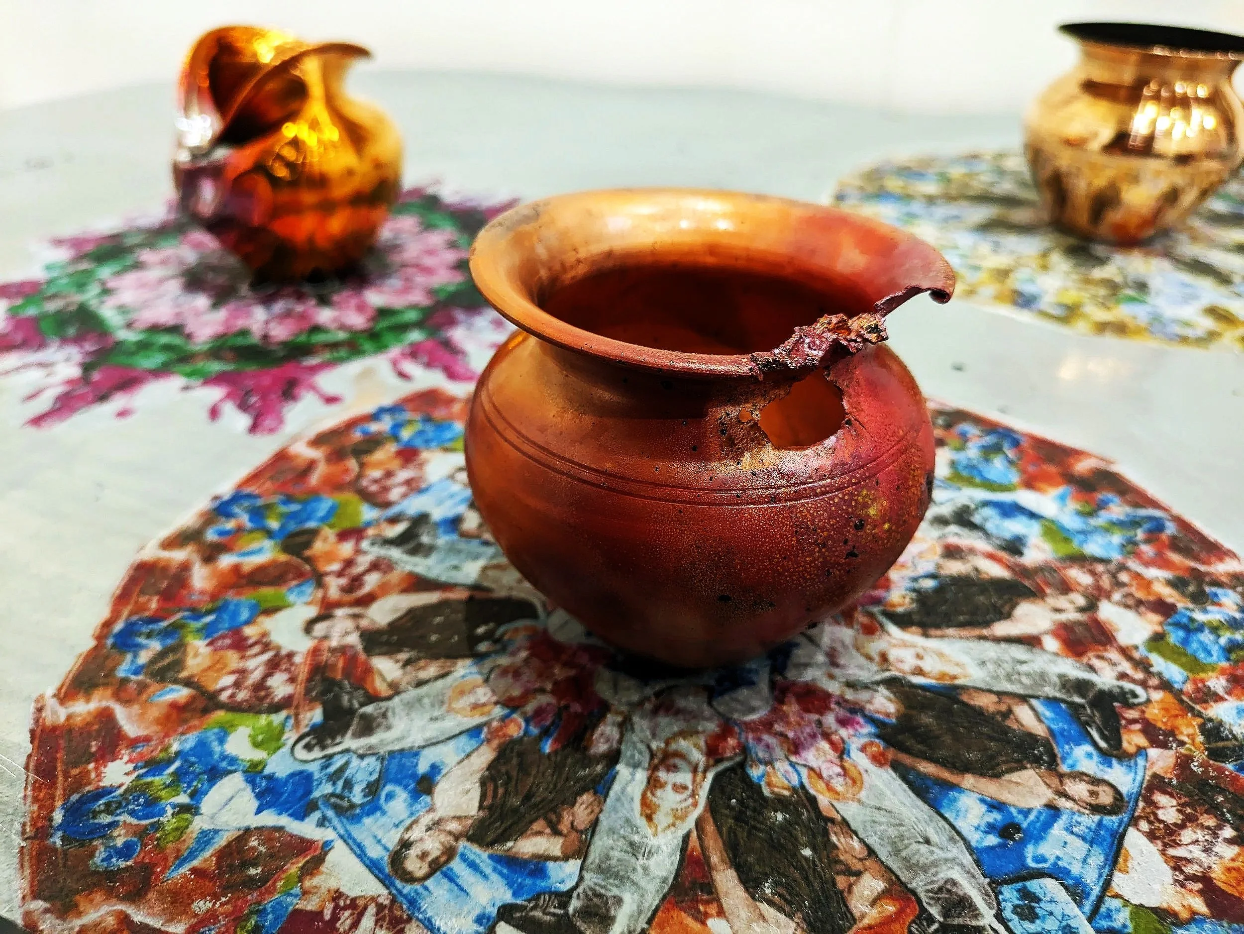 R Godbole 2024 Ganga: Detail - Lota pots & photo transfer