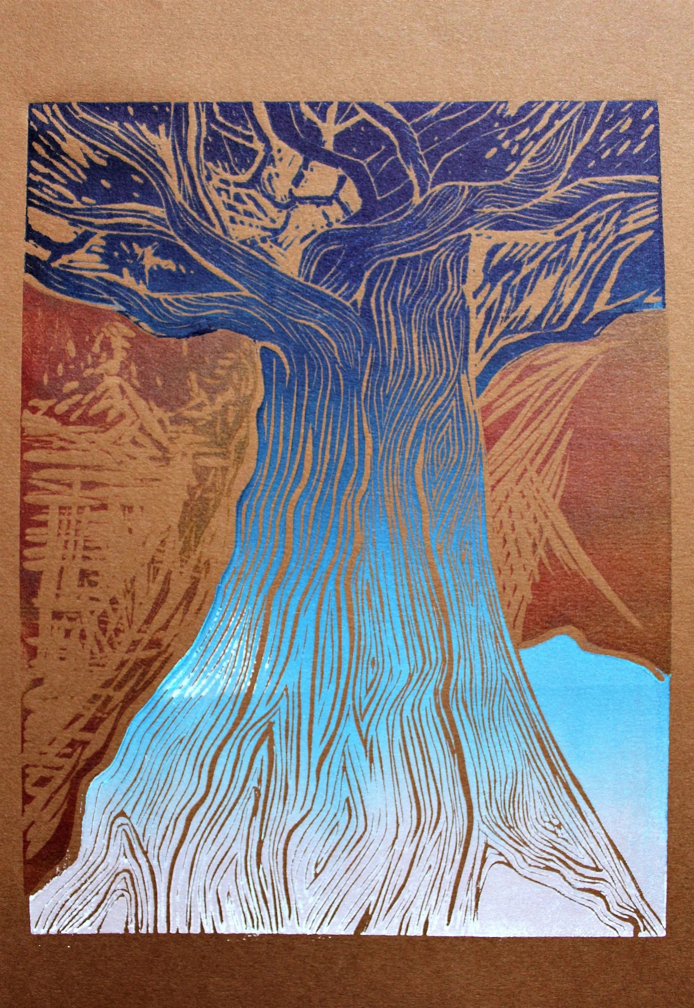 R Godbole Ancient Tree Linocut Print Blue on brown