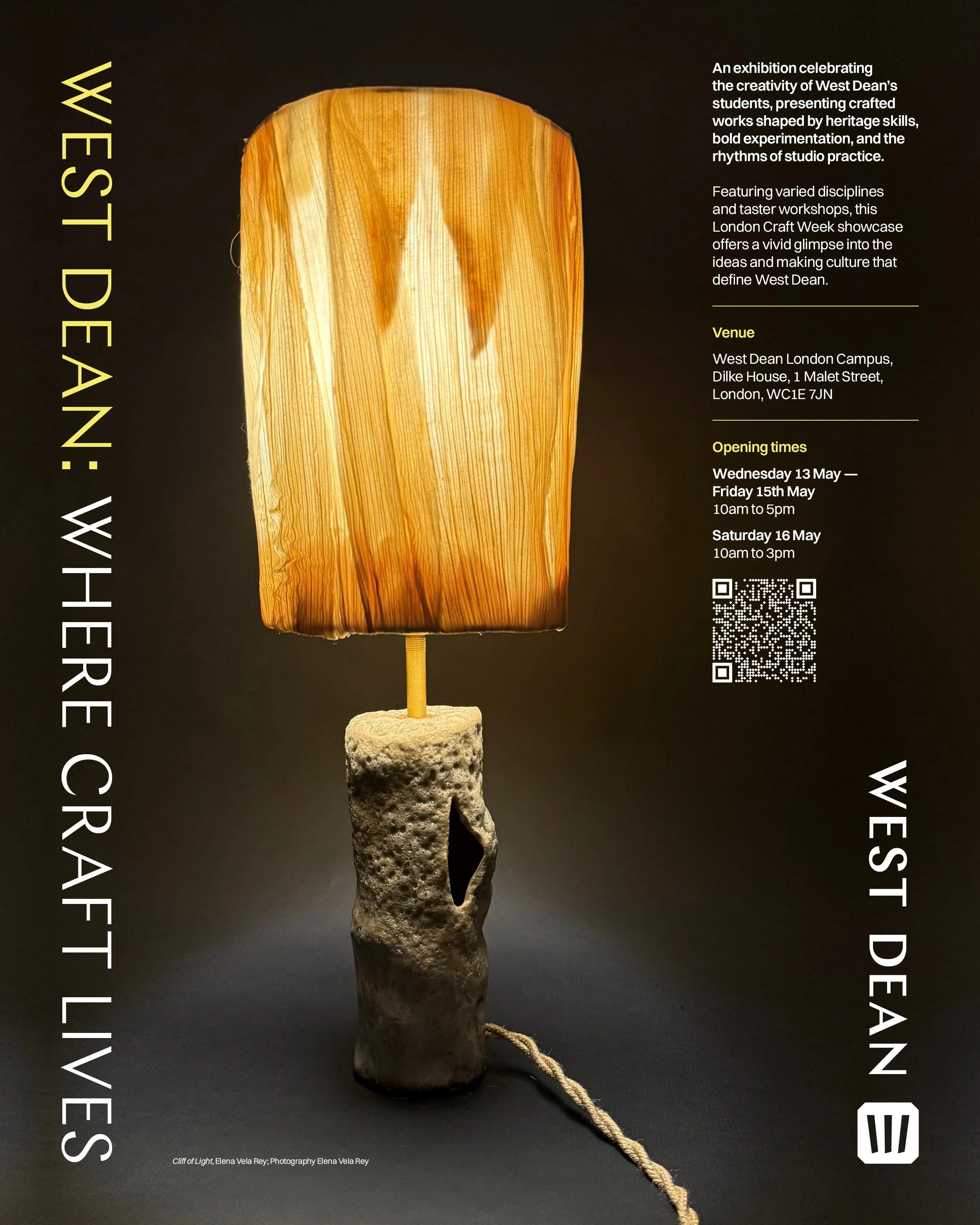 Poster for West Dean/ London Craft Week 2026, featuring exhibition details and featurinf 'Cliff of Light' by Elena Vela Rey