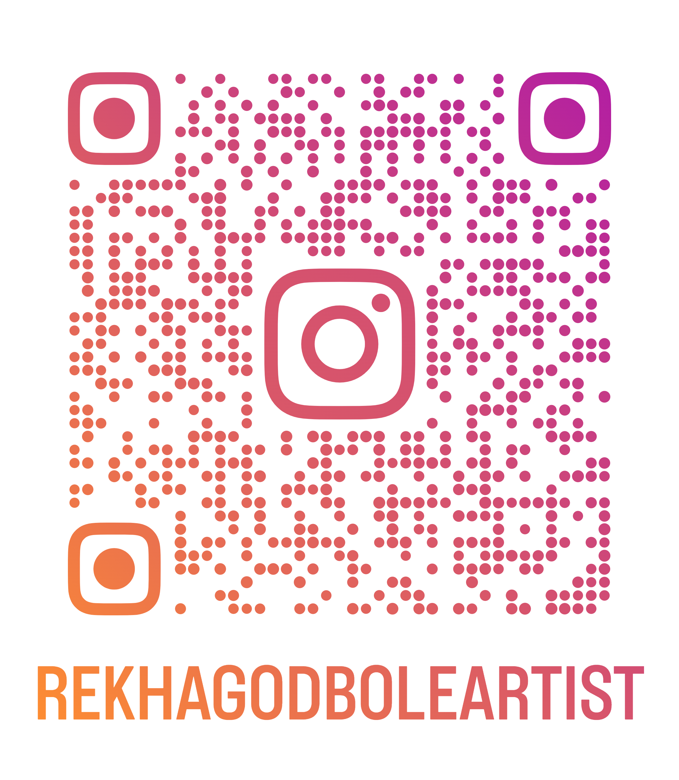 A modern QR code with the Instagram logo in the top left and right corners, and the text "REKHAGODBOLE ARTIST" in orange and pink below, indicating an Instagram link to Rekhagodbole Artistry.