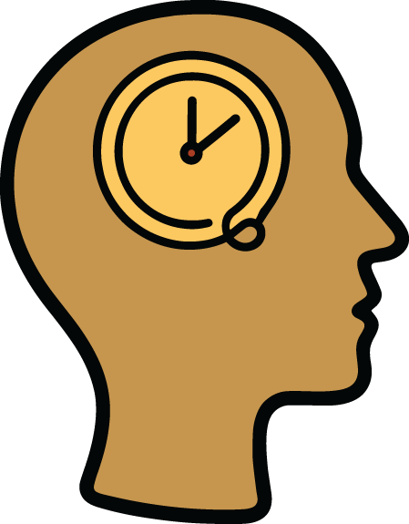 Silhouette of a human head with a clock inside the brain area.