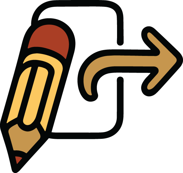 Icon of a pencil writing the letter 'S' and an arrow pointing to the right, indicating to save or proceed.
