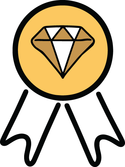 A gold diamond emblem on a circular yellow background, with black legs extending downward.