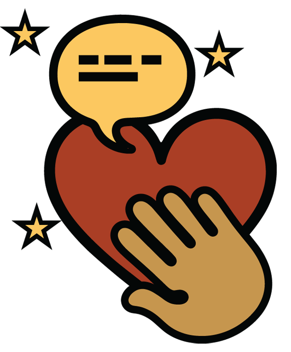 An illustration of a hand holding a broken red heart with a speech bubble above it and three small stars around them.