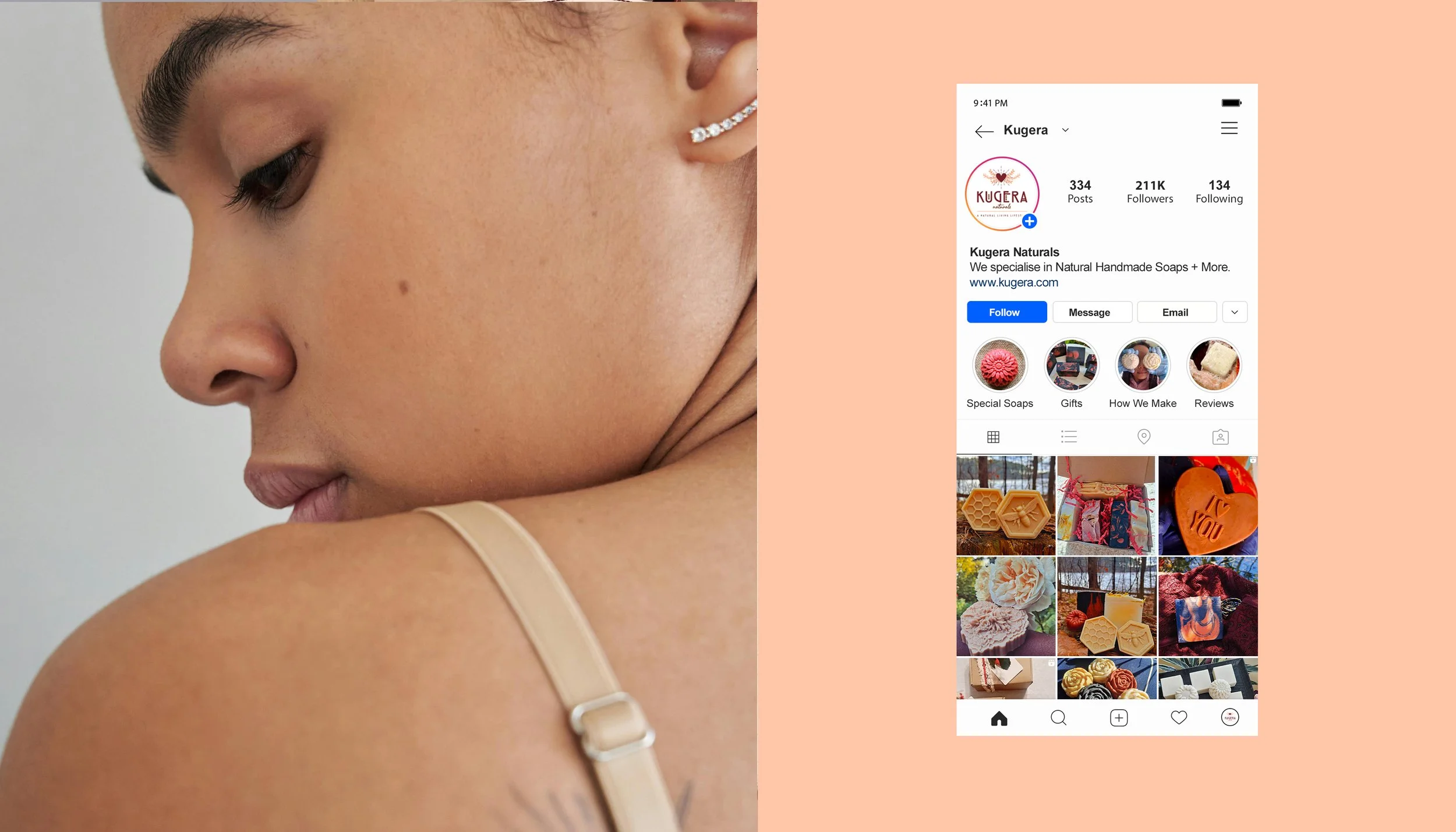 aspirational lifestyle image and social media designs used in brand identity design for a handmade wellness soap brand