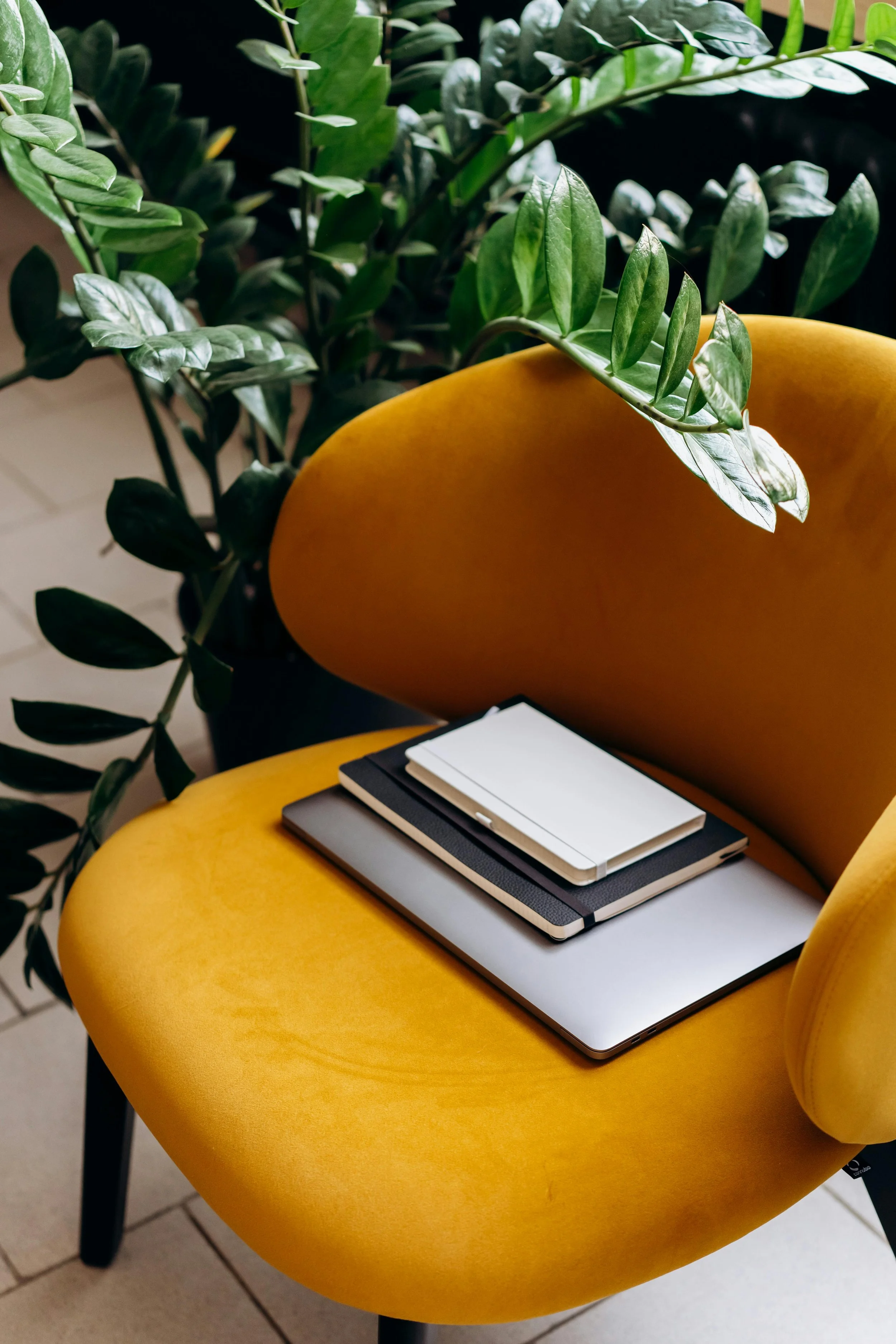 computer and books on yellow chair