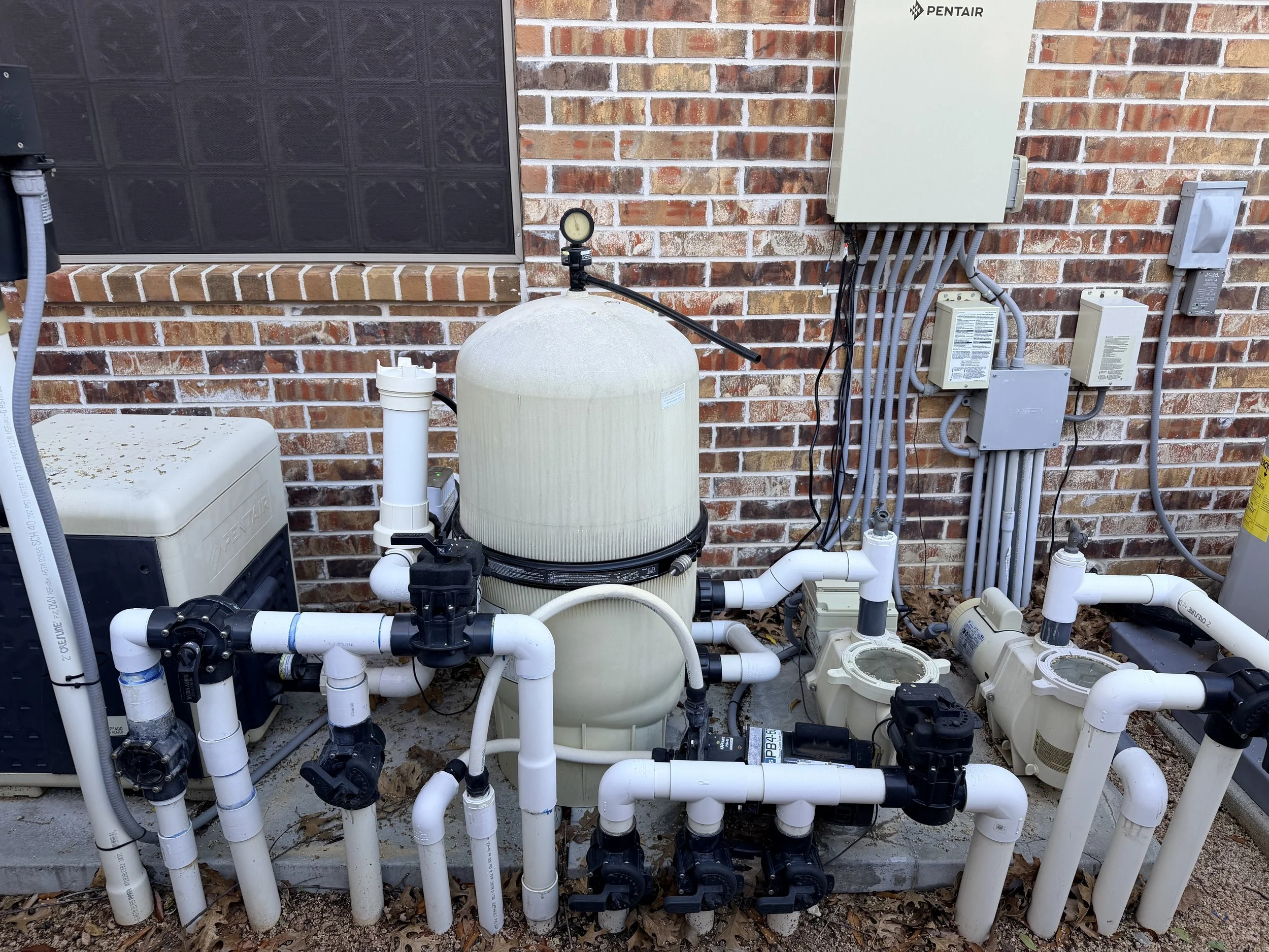 A backyard swimming pool with a clear inflatable ring floating on the water. In the background, there are two lounge chairs, a white wall, and a large palm tree under a blue sky.