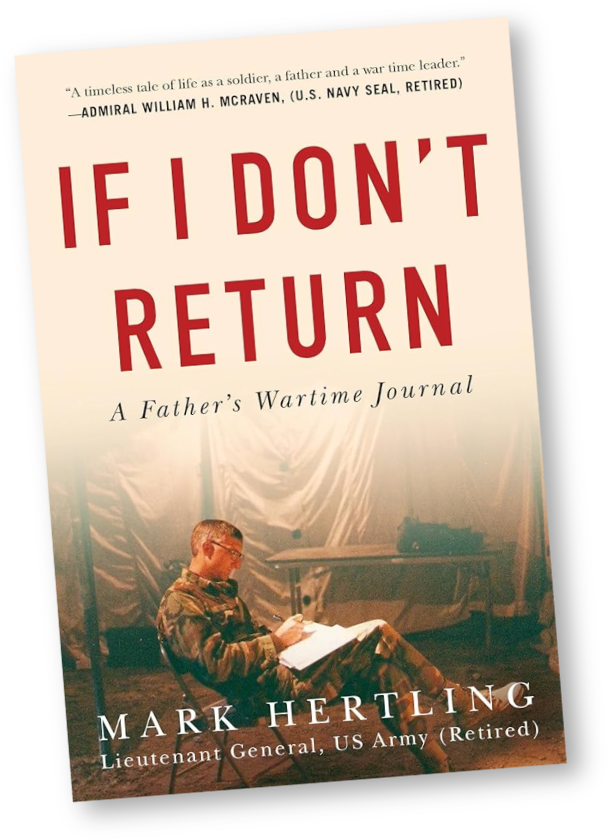 Book cover titled "If I Don’t Return: A Father’s Wartime Journal" by Mark Hertling, a retired Lieutenant General in the US Army. The background shows Hertling in military uniform sitting and writing in a journal, in front of a tent-like backdrop.