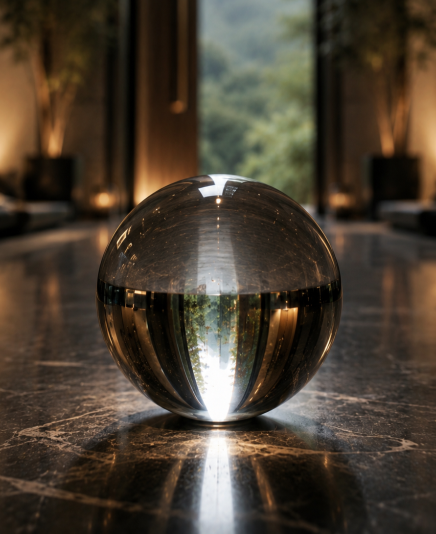 A reflective glass sphere placed on a polished marble table in a well-lit room with large windows and greenery outside, creating an inverted reflection inside the sphere.