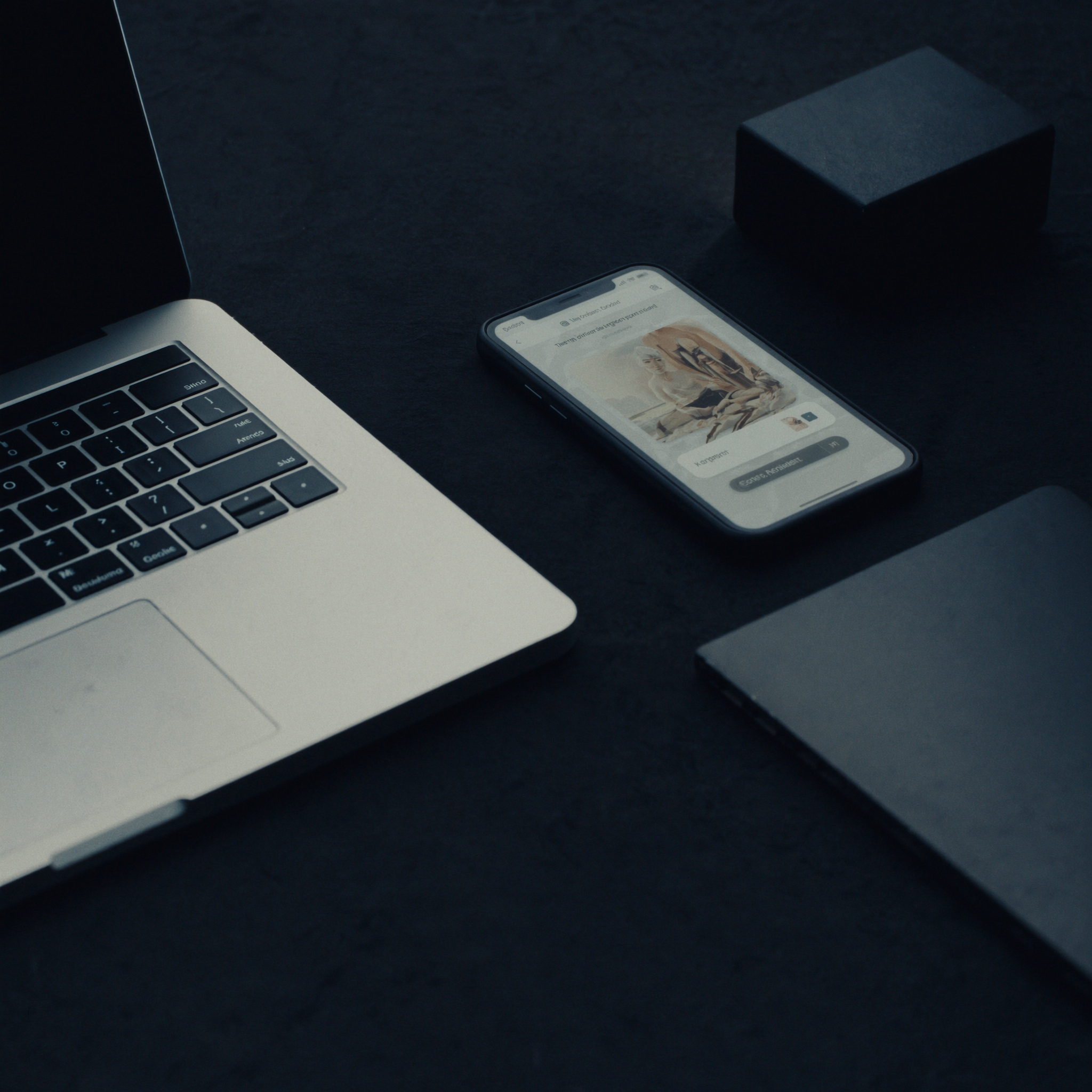 Close-up of a smartphone displaying a fashion photo, a partial view of a laptop keyboard, and a black cube-shaped speaker on a dark surface.