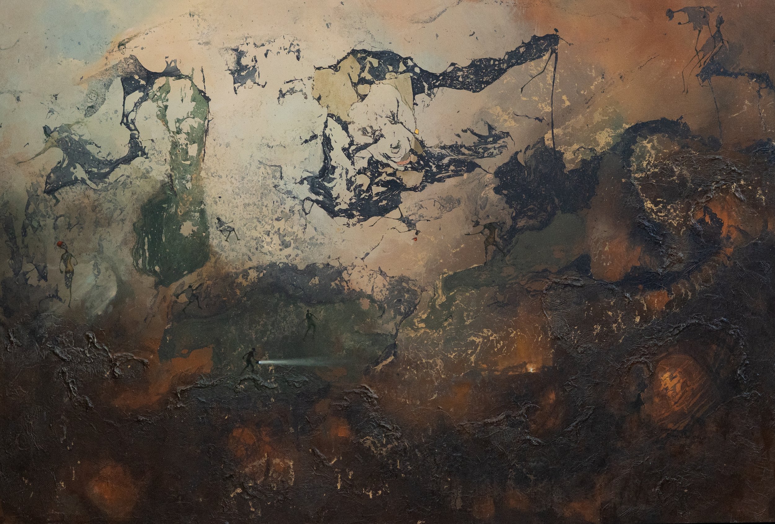 While the world was moving, 2026. Acrylic / spray & oil paint on processed canvas - 120cm x 150cm