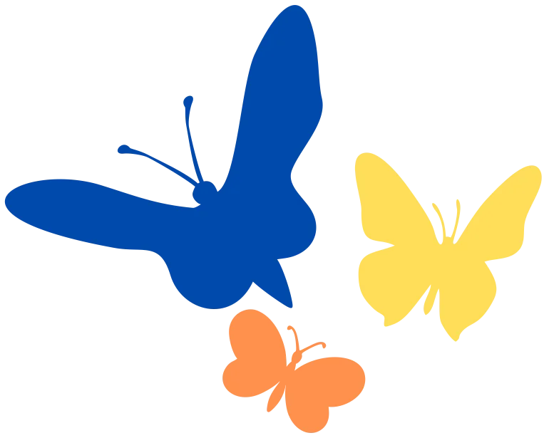 Three colorful butterflies in blue, yellow, and orange flying against a black background.