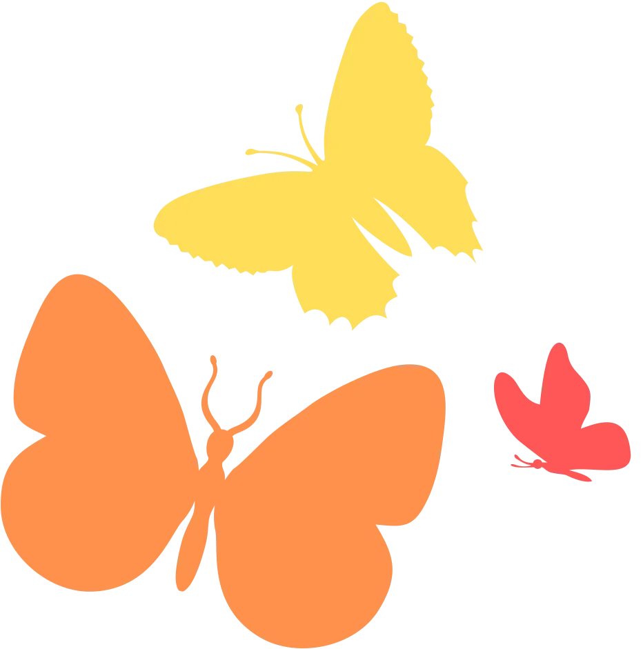 Three colorful butterflies—yellow, orange, and red—flying and resting around each other.