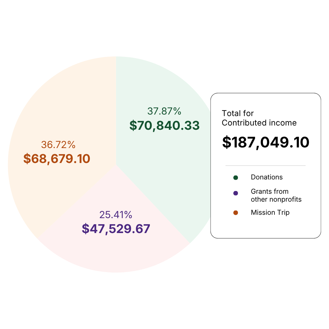 Pie chart illustrating sources of contributed income, including donations, grants from nonprofits, and a mission trip, totaling $187,049.10.