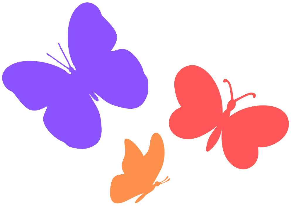 Three butterflies in purple, red, and orange colors flying against a transparent background.