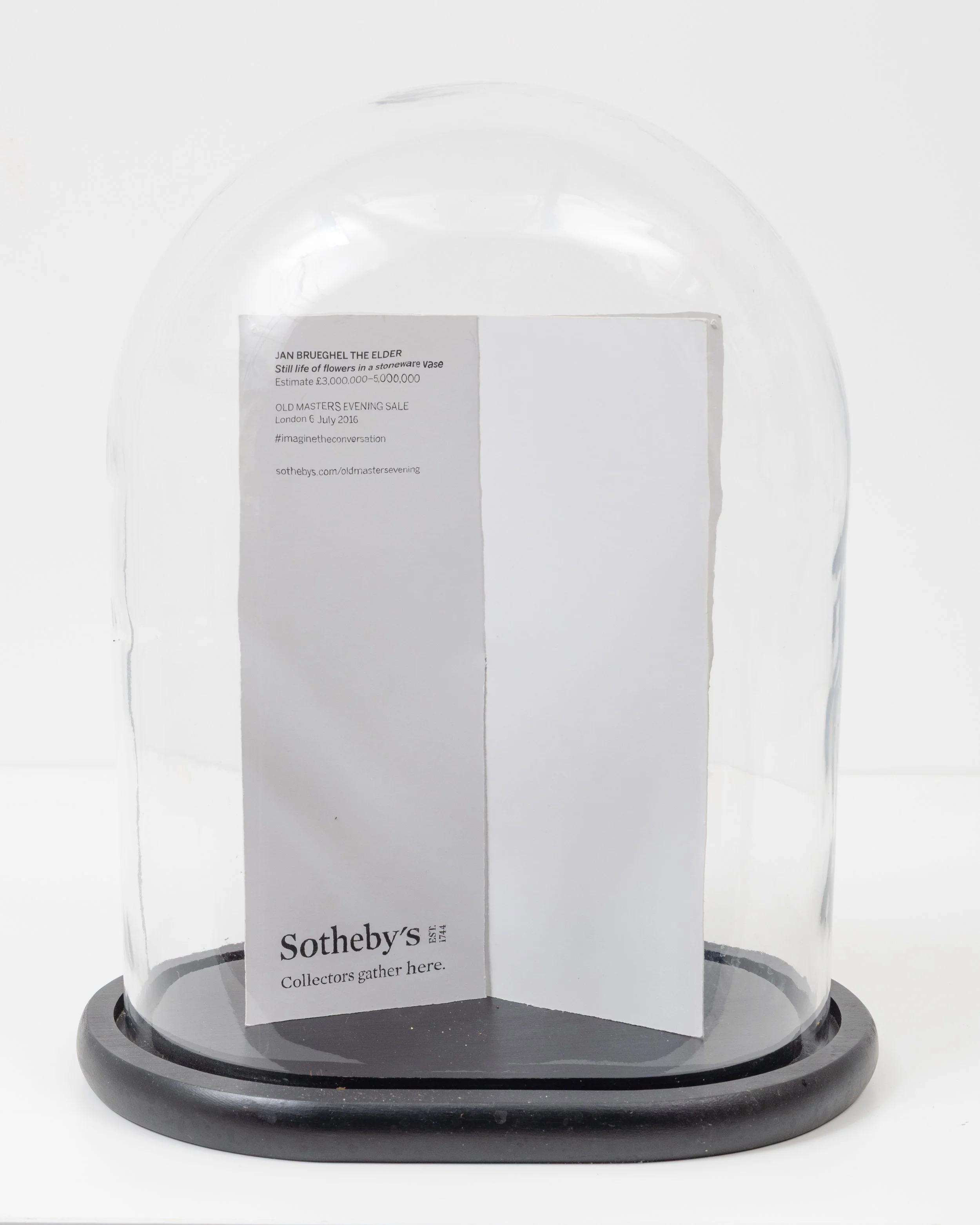 'Evening Sale, (after Breughel)’, promotion cards and glass cloche, 30 x 25 x 19 cm, 2024