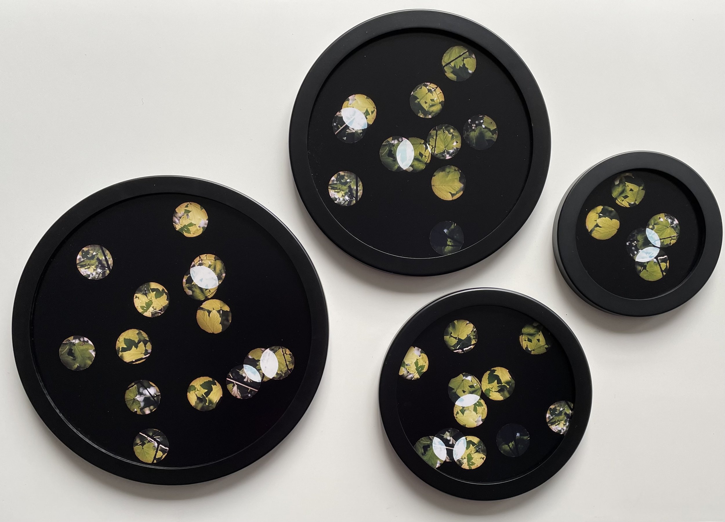 ‘Entre’acte’, circular framed unique photographs from negative confetti, 18.5 cm, 24cm,  29cm, 34 cm diameter, 2022