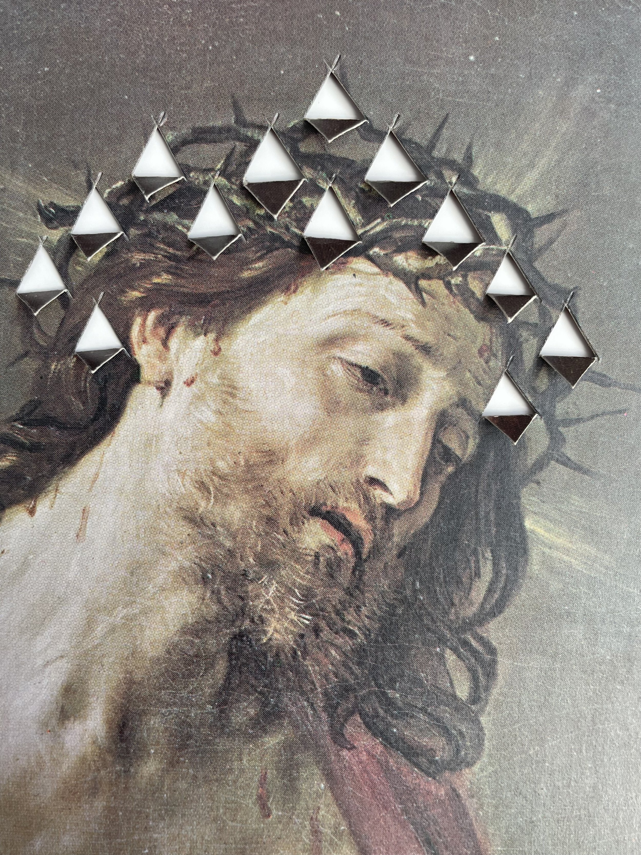 detail ’Scarred (after Reni)’, cut and folded album page, 26 x 35 cm, 2025