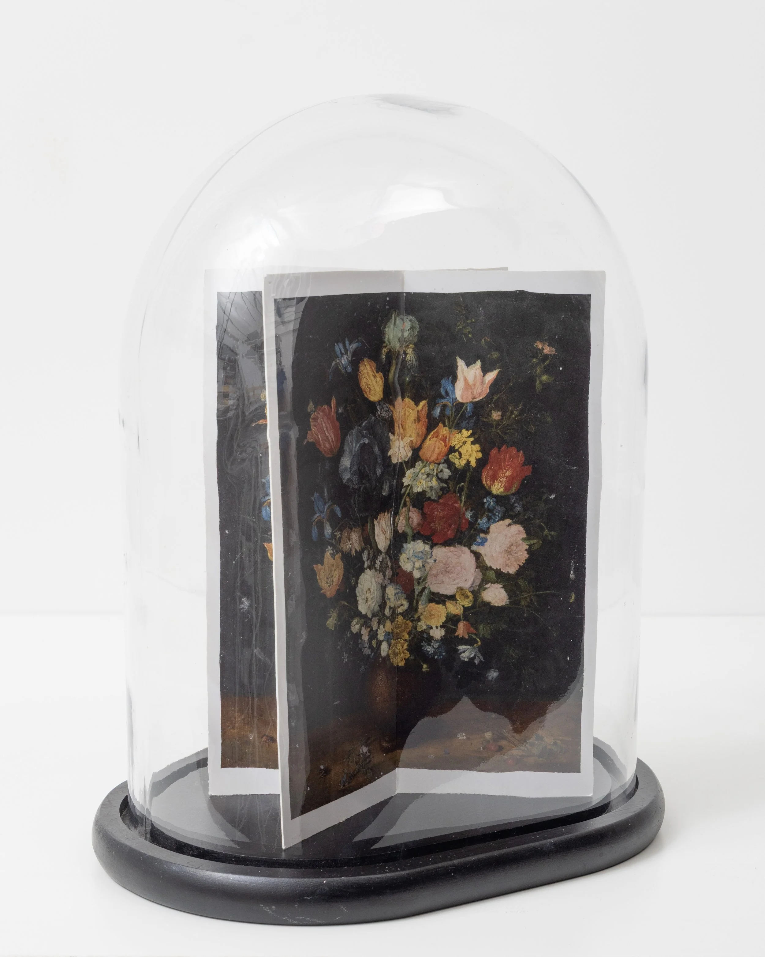 'Evening Sale, (after Breughel)’, promotion cards and glass cloche, 30 x 25 x 19 cm, 2024