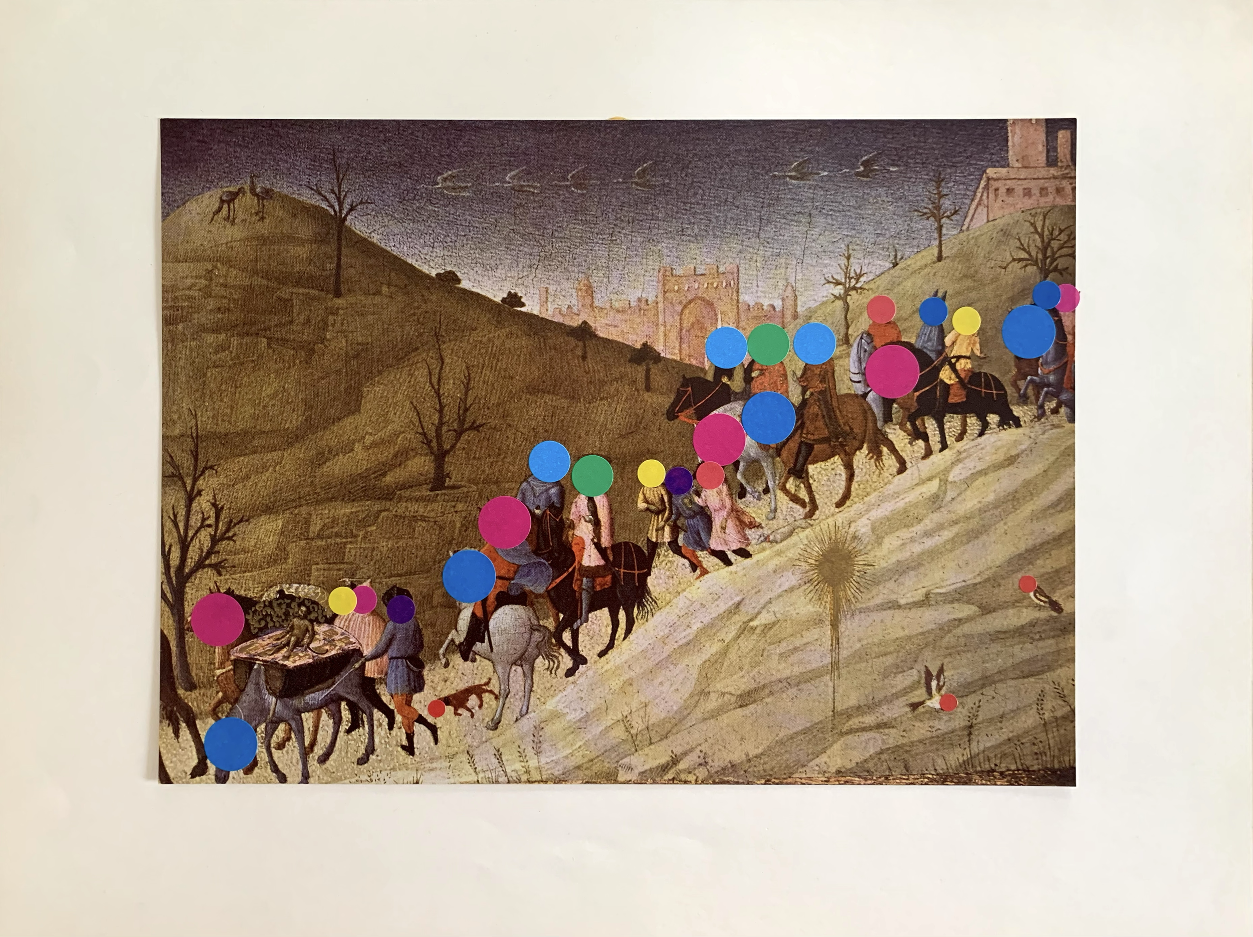 'Masterpiece in 27 Coloured Dots (after Sassetta)’, stickers on album page, 26 x 35 cm, 2017