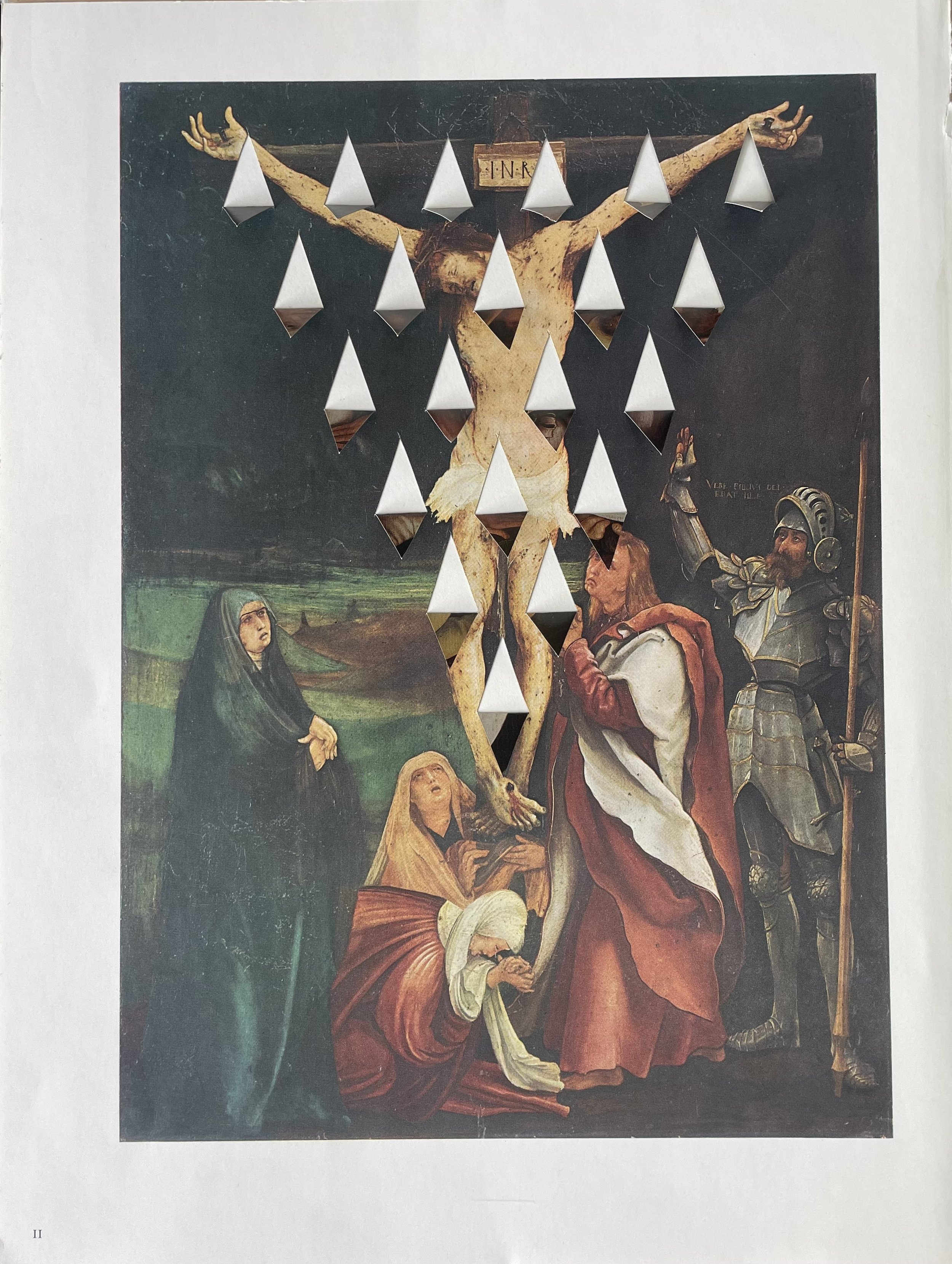 ’Scarred (after Grünewald)’, cut and folded album page, 26 x 35 cm, 2024