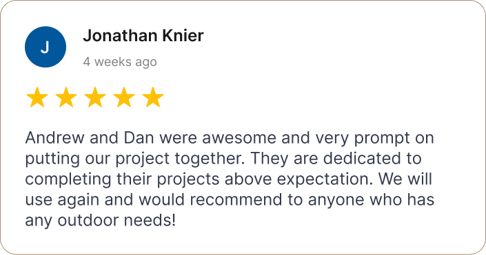Review comment with five gold stars from Jonathan Knier praising Andrew and Dan for their promptness and quality work on an outdoor project.