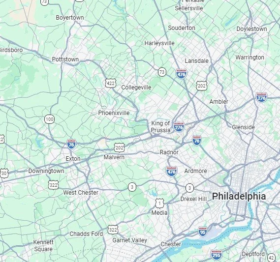 Map showing Philadelphia and surrounding areas, including King of Prussia, Radnor, Chester, and West Chester, with major highways such as I-76, I-276, I-95, and I-476.