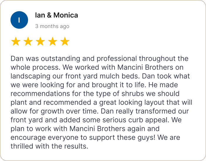 Customer review for landscaping services with five-star rating, praising professionalism and transformation of front yard with mulch beds and curb appeal improvement.